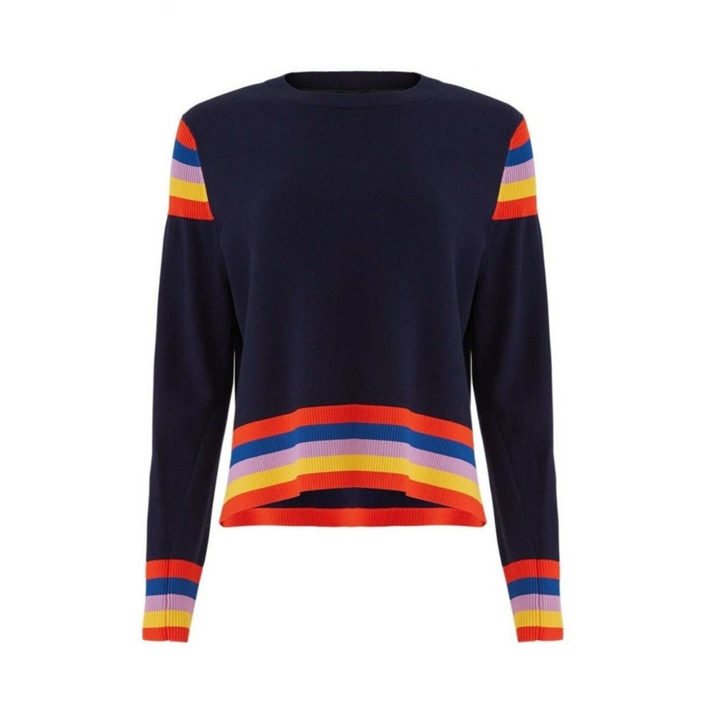 Kuhl Evelyn striped crew neck sweater navy blue rainbow stripe